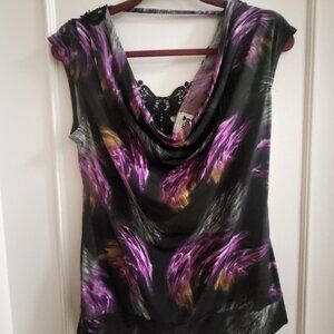 Bellina Abstract Purple & Black Cowl Neck Top with Lace Back - Size Medium